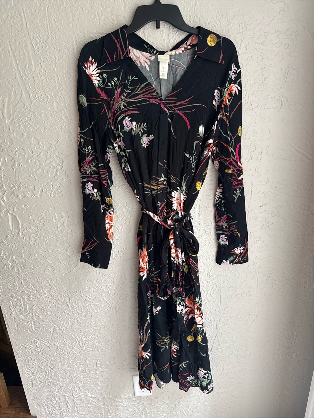 H&M Black Floral Long-Sleeve Tie-Waist Midi Dress